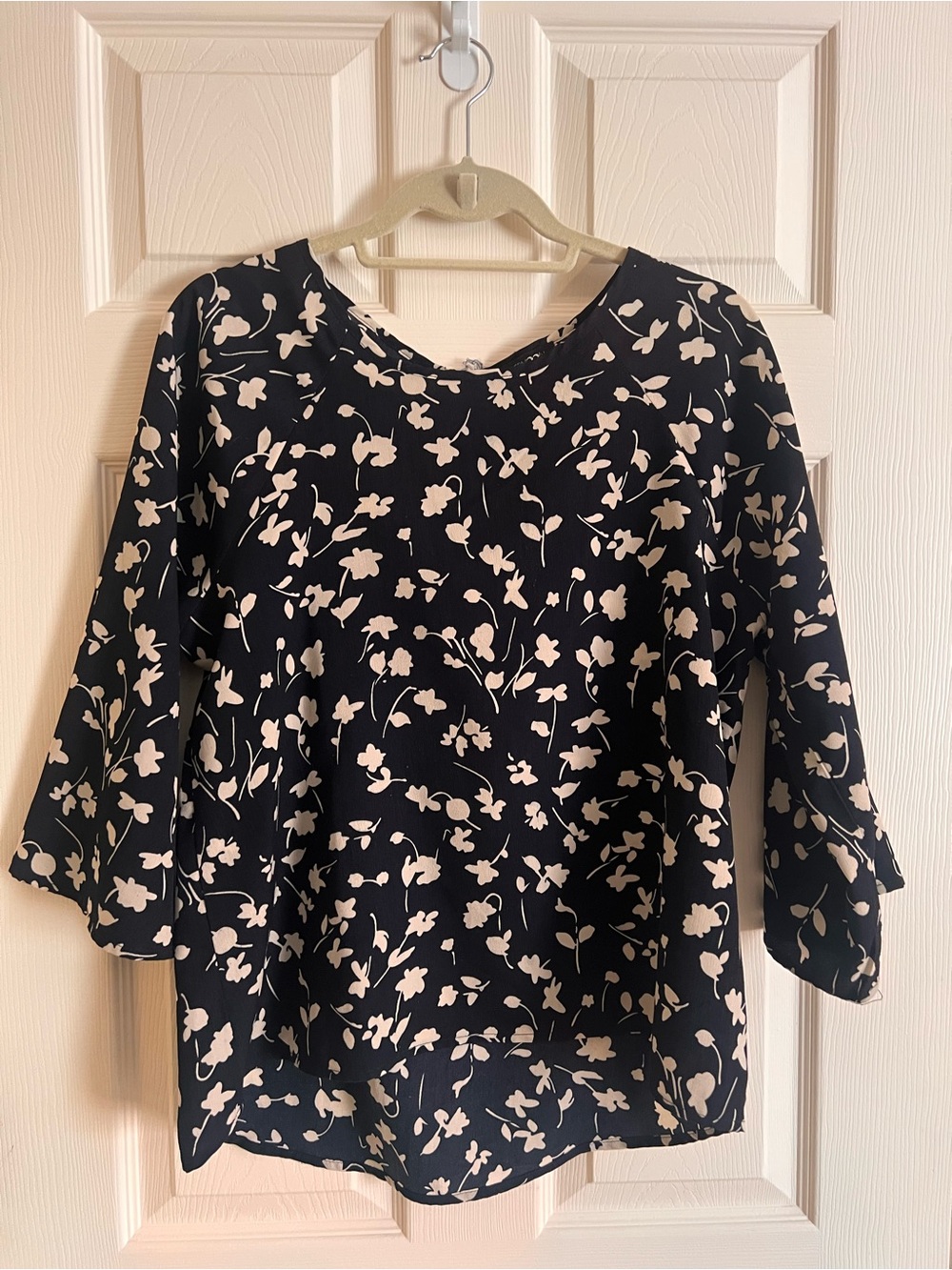 Women's Deep Navy and Taupe Blouse - Elegant Neutral Print